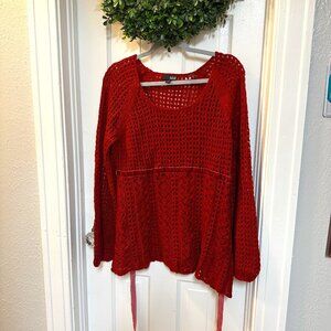 ANA Deep Red Crochet Scoop Sweater w/Velvet Ribbon at Waist & Sparkle Thread-XL